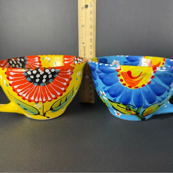 Set of 2 Hand Painted Mexican Clay Mugs Floral Folk Art Pottery Colorful Signed - Picture 14 of 14